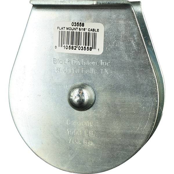 Block Division - 1, 550 Lbs. Load Limit, Flat Standard Block - Upright Mount, Single Sheave, 3-1/2 Inch Outside Diameter, Wire Rope, 5/16 Inch Diameter, Eye, 1-3/16 Inch Inside Diameter, Carbon Steel, Zinc Plated Finish - Benchmark Tooling