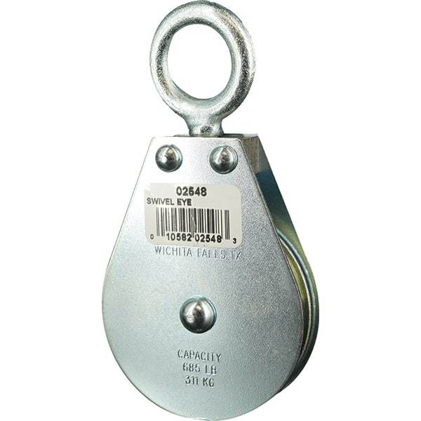 Block Division - 685 Lbs. Load Limit, Swivel Eye Standard Block - Single Sheave, 2-1/2 Inch Outside Diameter, Wire Rope, 1/4 Inch Diameter, Eye, 7/8 Inch Inside Diameter, Carbon Steel, Zinc Plated Finish - Benchmark Tooling