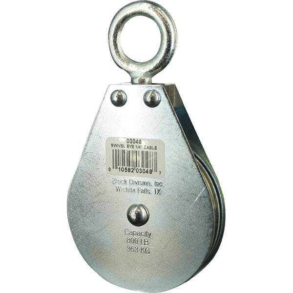 Block Division - 640 Lbs. Load Limit, Swivel Eye Standard Block - Single Sheave, 3-3/4 Inch Outside Diameter, Wire Rope, 1/4 Inch Diameter, Eye, 7/8 Inch Inside Diameter, Carbon Steel, Zinc Plated Finish - Benchmark Tooling