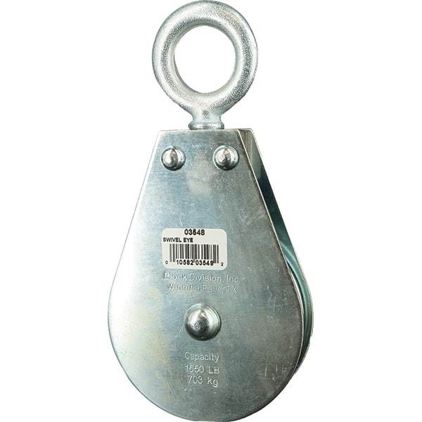 Block Division - 1, 550 Lbs. Load Limit, Swivel Eye Standard Block - Single Sheave, 3-1/2 Inch Outside Diameter, Wire Rope, 5/16 Inch Diameter, Eye, 1-3/16 Inch Inside Diameter, Carbon Steel, Zinc Plated Finish - Benchmark Tooling