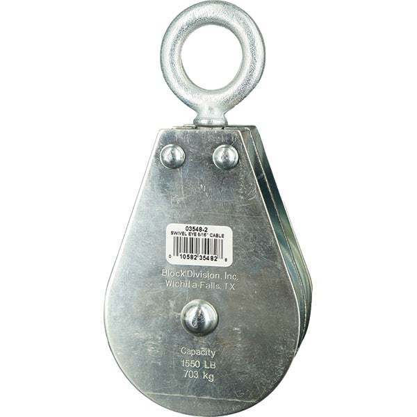 Block Division - 1, 550 Lbs. Load Limit, Swivel Eye Standard Block - Double Sheave, 3-1/2 Inch Outside Diameter, Wire Rope, 5/16 Inch Diameter, Eye, 1-3/16 Inch Inside Diameter, Carbon Steel, Zinc Plated Finish - Benchmark Tooling