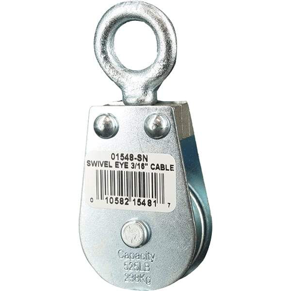 Block Division - 525 Lbs. Load Limit, Swivel Eye Snatch Block - Single Sheave, 1-1/2 Inch Outside Diameter, Wire Rope, 3/16 Inch Diameter, Eye, 5/8 Inch Inside Diameter, Carbon Steel, Zinc Plated Finish - Benchmark Tooling