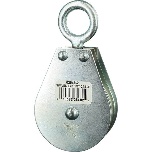 Block Division - 685 Lbs. Load Limit, Swivel Eye Snatch Block - Double Sheave, 2-1/2 Inch Outside Diameter, Wire Rope, 1/4 Inch Diameter, Eye, 7/8 Inch Inside Diameter, Carbon Steel, Zinc Plated Finish - Benchmark Tooling