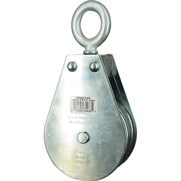 Block Division - 1, 550 Lbs. Load Limit, Swivel Eye Snatch Block - Double Sheave, 3-3/4 Inch Outside Diameter, Wire Rope, 5/16 Inch Diameter, Eye, 1-3/16 Inch Inside Diameter, Carbon Steel, Zinc Plated Finish - Benchmark Tooling