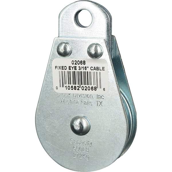 Block Division - 600 Lbs. Load Limit, Rigid Eye Block - Single Sheave, 2 Inch Outside Diameter, Wire Rope, 3/16 Inch Diameter, Eye, 3/8 Inch Inside Diameter, Carbon Steel, Zinc Plated Finish - Benchmark Tooling