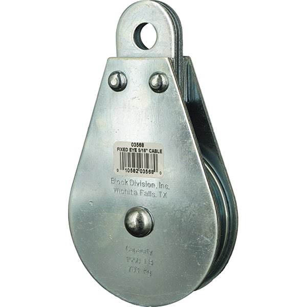 Block Division - 1, 550 Lbs. Load Limit, Rigid Eye Block - Single Sheave, 3-1/2 Inch Outside Diameter, Wire Rope, 5/16 Inch Diameter, Eye, 9/16 Inch Inside Diameter, Carbon Steel, Zinc Plated Finish - Benchmark Tooling