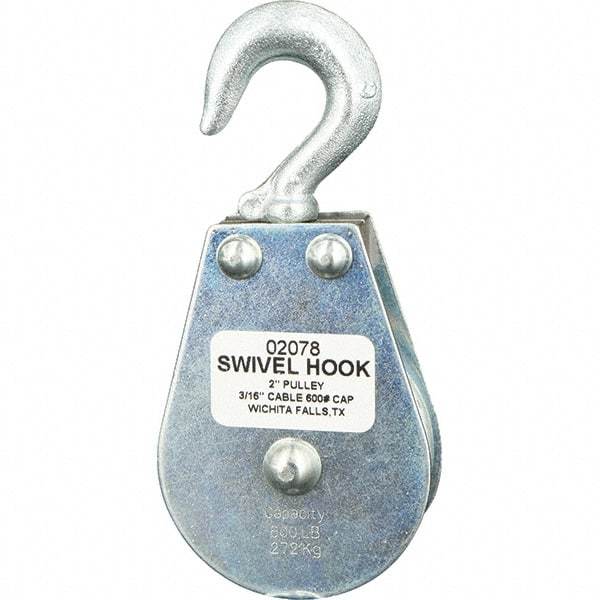 Block Division - 600 Lbs. Load Limit, Swivel Hook Block - Single Sheave, 2 Inch Outside Diameter, Wire Rope, 3/16 Inch Diameter, Eye, 3/8 Inch Inside Diameter, Carbon Steel, Zinc Plated Finish - Benchmark Tooling