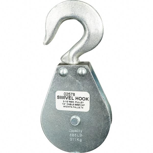 Block Division - 685 Lbs. Load Limit, Swivel Hook Block - Single Sheave, 2-1/2 Inch Outside Diameter, Wire Rope, 1/4 Inch Diameter, Eye, 3/8 Inch Inside Diameter, Carbon Steel, Zinc Plated Finish - Benchmark Tooling