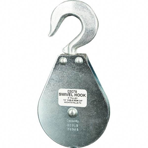 Block Division - 800 Lbs. Load Limit, Swivel Hook Block - Single Sheave, 3 Inch Outside Diameter, Wire Rope, 1/4 Inch Diameter, Eye, 3/8 Inch Inside Diameter, Carbon Steel, Zinc Plated Finish - Benchmark Tooling