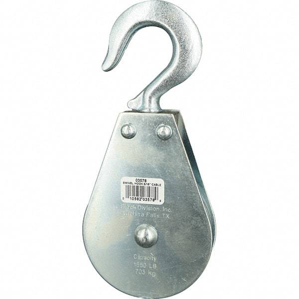 Block Division - 1, 550 Lbs. Load Limit, Swivel Hook Block - Single Sheave, 3-1/2 Inch Outside Diameter, Wire Rope, 5/16 Inch Diameter, Eye, 9/16 Inch Inside Diameter, Carbon Steel, Zinc Plated Finish - Benchmark Tooling