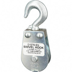 Block Division - 525 Lbs. Load Limit, Swivel Hook Block - Single Sheave, 1-5/8 Inch Outside Diameter, Wire Rope, 3/16 Inch Diameter, Eye, 3/8 Inch Inside Diameter, Carbon Steel, Zinc Plated Finish - Benchmark Tooling