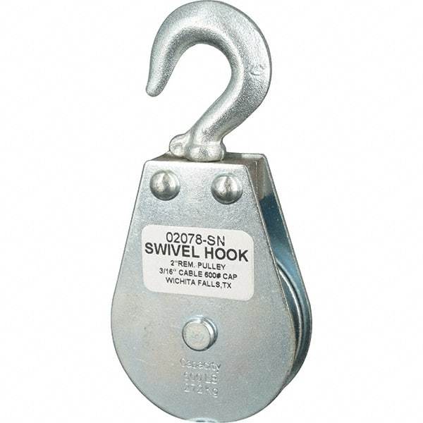 Block Division - 600 Lbs. Load Limit, Swivel Hook Block - Single Sheave, 2-1/8 Inch Outside Diameter, Wire Rope, 3/16 Inch Diameter, Eye, 3/8 Inch Inside Diameter, Carbon Steel, Zinc Plated Finish - Benchmark Tooling