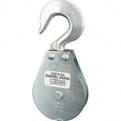 Block Division - 685 Lbs. Load Limit, Swivel Hook Block - Single Sheave, 2-5/8 Inch Outside Diameter, Wire Rope, 1/4 Inch Diameter, Eye, 3/8 Inch Inside Diameter, Carbon Steel, Zinc Plated Finish - Benchmark Tooling