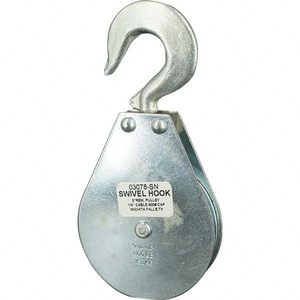 Block Division - 800 Lbs. Load Limit, Swivel Hook Block - Single Sheave, 3-1/8 Inch Outside Diameter, Wire Rope, 1/4 Inch Diameter, Eye, 3/8 Inch Inside Diameter, Carbon Steel, Zinc Plated Finish - Benchmark Tooling