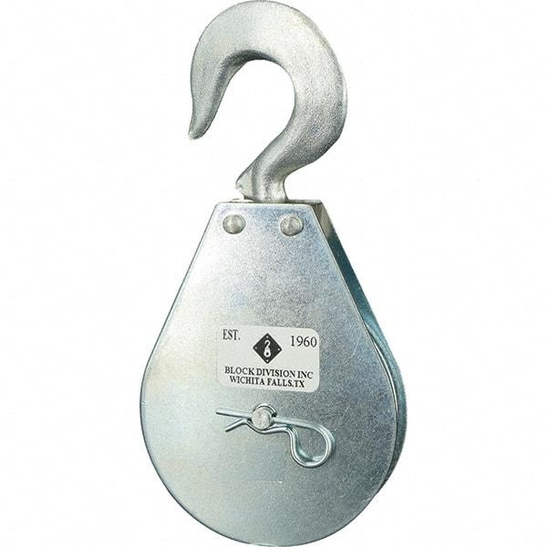 Block Division - 1, 550 Lbs. Load Limit, Swivel Hook Block - Single Sheave, 3-3/4 Inch Outside Diameter, Wire Rope, 5/16 Inch Diameter, Eye, 9/16 Inch Inside Diameter, Carbon Steel, Zinc Plated Finish - Benchmark Tooling