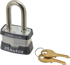 Master Lock - 1-1/2" Shackle Clearance, Keyed Different Padlock - 5/8" Shackle Width, 9/32" Shackle Diam, Laminated Steel - Benchmark Tooling