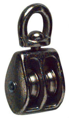 Value Collection - Swivel Eye Double Sheave Pulley - Sheave, 1 Inch Outside Diameter, Fibrous Rope, 1/4 Inch Diameter, Gray Iron, Nickel Plated Finish - Benchmark Tooling