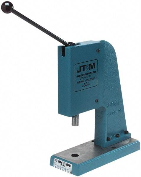 JT&M - 1" Ram, 4-3/4" Throat Depth, 2 Ton Manual Arbor Press - 5-15/16" Max Work Height x 9-1/2" Max Work Width, 5" Base Width x 13" Base Depth - Benchmark Tooling