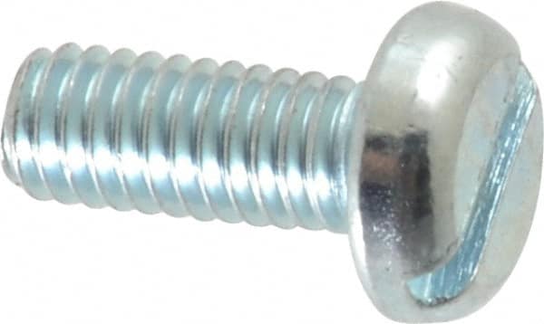 Value Collection - M4x0.70, 10mm Length Under Head Slotted Drive Machine Screw - Pan Head, Grade 4.8 Steel, Zinc-Plated Finish, Without Washer - Benchmark Tooling