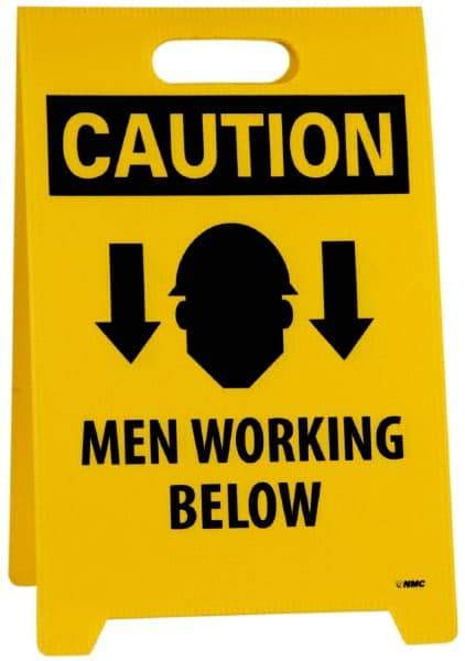 NMC - Caution - Men Working Above, Caution - Men Working Below, 12" Wide x 19" High, Plastic Floor Sign - A-Frame, Black on Yellow, For Accident Prevention - Benchmark Tooling