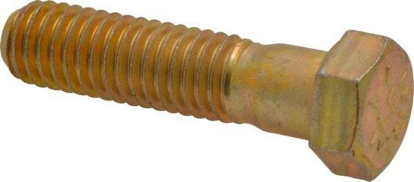 Made in USA - 7/16-14 UNC, 1-3/4" Length Under Head Hex Head Cap Screw - Partially Threaded, Grade 8 Alloy Steel, Zinc Yellow Dichromate Finish, 5/8" Hex - Benchmark Tooling