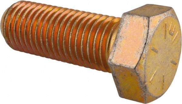 Made in USA - 1-8 UNC, 2-3/4" Length Under Head Hex Head Cap Screw - Fully Threaded, Grade 8 Alloy Steel, Zinc Yellow Dichromate Finish, 1-1/2" Hex - Benchmark Tooling