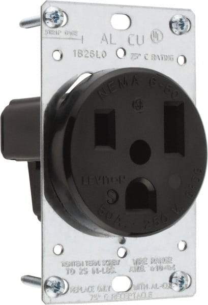 Leviton - 250 VAC, 50 Amp, 6-50P NEMA Configuration, Black, Industrial Grade, Self Grounding Single Receptacle - 1 Phase, 2 Poles, 3 Wire, Flush Mount, Tamper Resistant - Benchmark Tooling