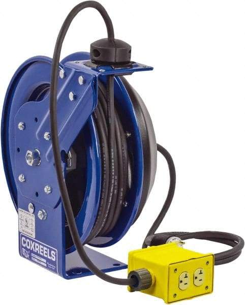 CoxReels - 12 AWG, 75' Cable Length, Cord & Cable Reel with Quad Outlet End - 4 Outlets, NEMA 5-20R, 20 Amps, 115 Volts, SJO Cable, Blue Reel, Spring Driven Reel - Benchmark Tooling