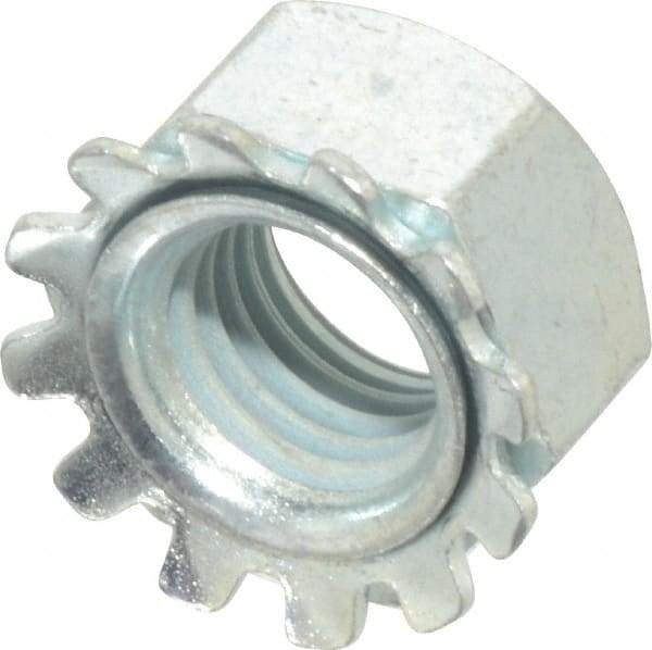 Value Collection - 5/16-24, Zinc Plated, Steel Hex Nut with External Tooth Washer - 0.61" Washer Diam, 1/2" Width Across Flats, ASME B18.21.1 Fastner Standard, Rockwell C40 to C50 Hardness, Grade SAE 1050 - Benchmark Tooling