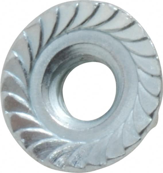 Value Collection - 1/4-20, 19/32" Flange Diam, Serrated Flange Nut - Grade Grade 2 Steel, Zinc-Plated Finish, 0.236" Flange Height - Benchmark Tooling