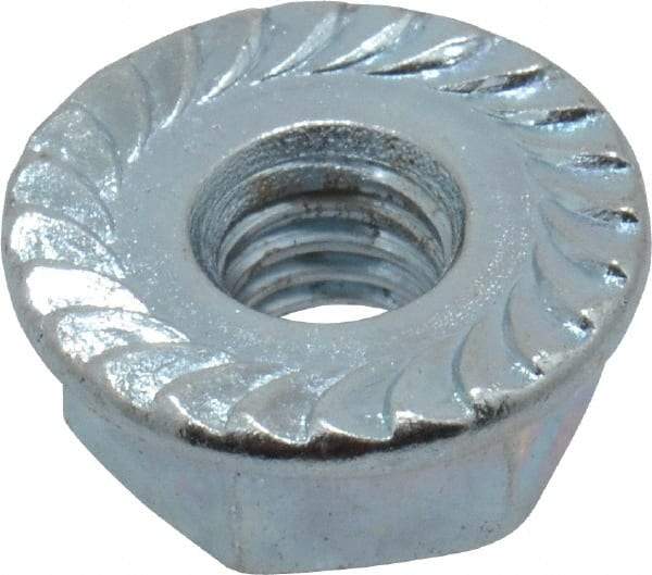 Value Collection - #10-32, 1/2" Flange Diam, Serrated Flange Nut - Grade Grade 2 Steel, Zinc-Plated Finish, 7/32" Flange Height - Benchmark Tooling