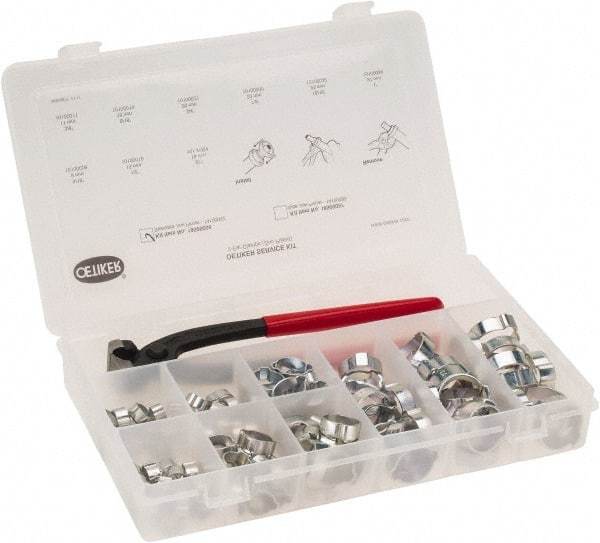 Oetiker - 124 Piece, 5/16 to 1" Diam, 2-Ear Service Clamp Kit - 123 Clamps & 1 Standard Jaw Pincers - Benchmark Tooling