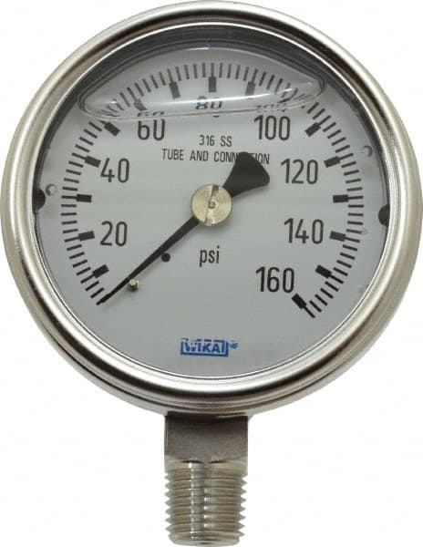 Wika - 2-1/2" Dial, 1/4 Thread, 0-160 Scale Range, Pressure Gauge - Lower Connection Mount, Accurate to 2-1-2% of Scale - Benchmark Tooling