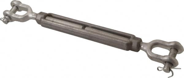 Made in USA - 2,200 Lb Load Limit, 1/2" Thread Diam, 6" Take Up, Stainless Steel Jaw & Jaw Turnbuckle - 7-1/2" Body Length, 3/4" Neck Length, 13" Closed Length - Benchmark Tooling