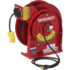 Reelcraft - 16 AWG, 50' Cable Length, Cord & Cable Reel with Single Nema 5-15 End - 1 Outlet, NEMA 4, 13 Amps, 125 Volts, SJTOW Cable, Red Reel, Spring Driven Reel - Benchmark Tooling