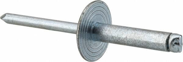 RivetKing - Size 610 Large Flange Dome Head Steel Open End Blind Rivet - Steel Mandrel, 0.501" to 5/8" Grip, 5/8" Head Diam, 0.192" to 0.196" Hole Diam, 0.825" Length Under Head, 3/16" Body Diam - Benchmark Tooling