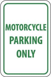 NMC - "Motorcycle Parking Only", 12" Wide x 18" High, Aluminum Reserved Parking Signs - 0.063" Thick, Green on White, Rectangle, Post Mount - Benchmark Tooling