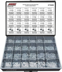 Value Collection - 1,200 Piece, #6-32 to 1/4-20, Steel Machine Screw Assortment - Round Head, Slotted Drive, 1/2 to 1" Long, Grade 2 - Benchmark Tooling