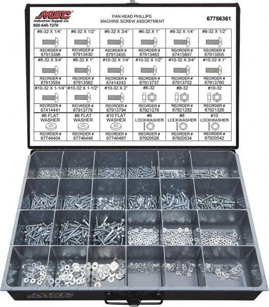 Value Collection - 1,200 Piece, #6-32 to #10-32, Steel Machine Screw Assortment - Pan Head, Phillips Drive, 1/4 to 2" Long, Grade 2 - Benchmark Tooling