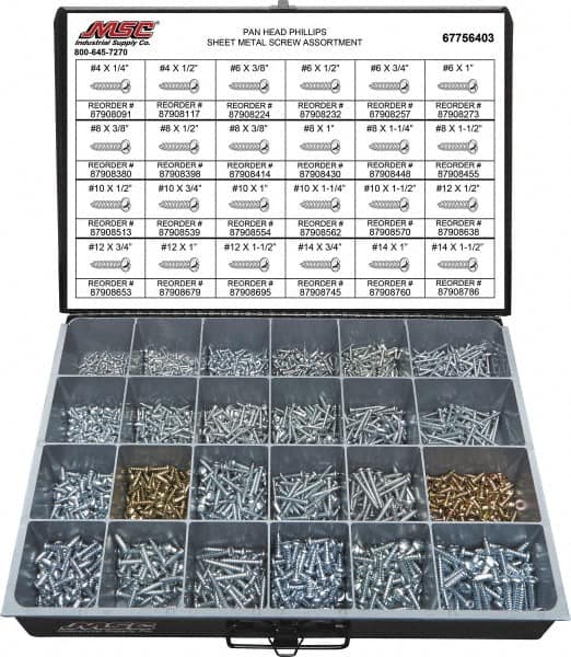 Value Collection - 2,000 Piece, #4x1/4 to #10 x 1-1/4, Steel Sheet Metal Screw Assortment - Pan Head, Phillips Drive, 1/4 to 1-1/2" Long, Grade 2 - Benchmark Tooling