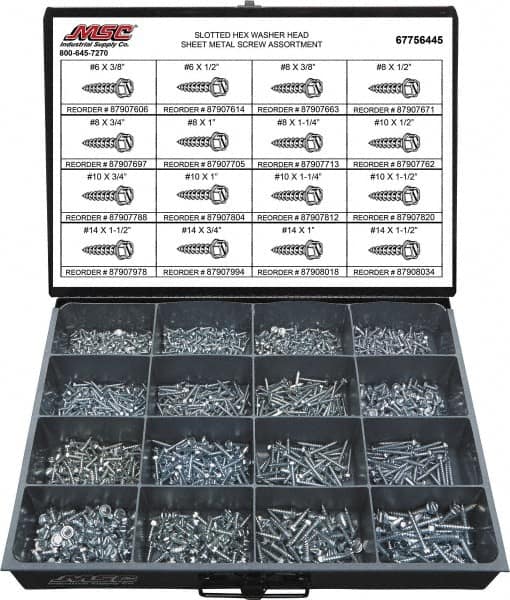 Value Collection - 1,350 Piece, #6x3/8 to #14 x 1-1/2, Steel Sheet Metal Screw Assortment - Hex Washer Head, Slotted Drive, 3/8 to 1-1/2" Long, Grade 2 - Benchmark Tooling