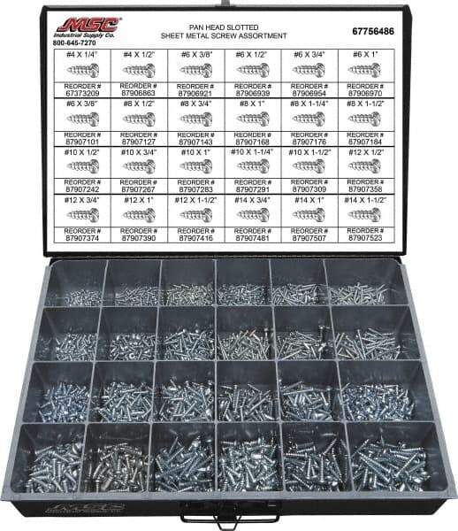 Value Collection - 2,000 Piece, #4x1/4 to #10 x 1-1/4, Steel Sheet Metal Screw Assortment - Pan Head, Slotted Drive, 1/4 to 1-1/2" Long, Grade 2 - Benchmark Tooling