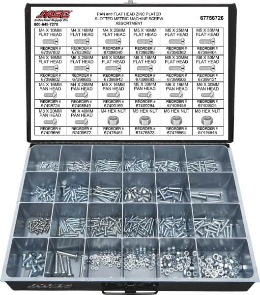 Value Collection - 590 Piece, M4x10.00 to M8x50.00, Steel Machine Screw Assortment - Flat & Pan Head, Slotted Drive, 10 to 50mm Long, Grade 2 - Benchmark Tooling