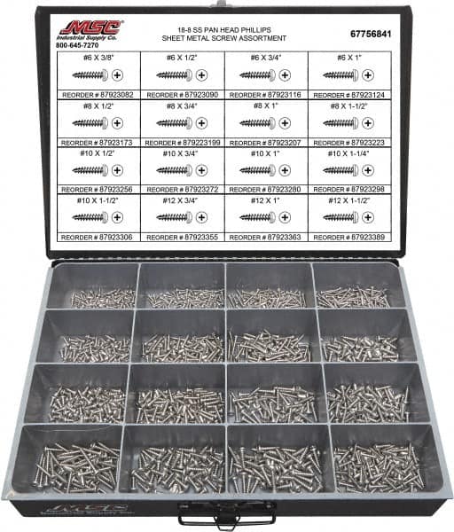 Value Collection - 1,300 Piece, #6x3/8 to #12 x 1-1/2, Stainless Steel Sheet Metal Screw Assortment - Pan Head, Phillips Drive, 3/8 to 1-1/2" Long, Grade 18-8 - Benchmark Tooling