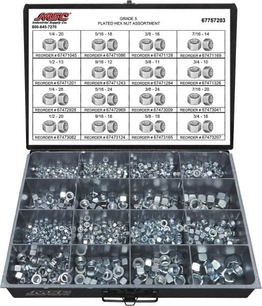 Value Collection - 1/4-20 to 3/4-16 Thread, 870 Piece Alloy Steel Nut Assortment - Grade 5 - Benchmark Tooling