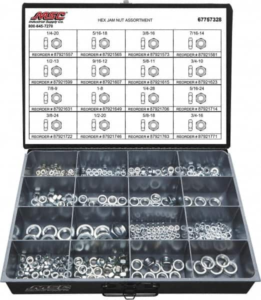 Value Collection - 1/4-20 to 3/4-16 Thread, 425 Piece Steel Nut Assortment - Grade 2 - Benchmark Tooling