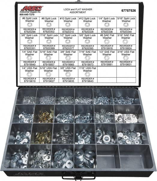 Value Collection - 3529 Piece, No. 6, 5/8" Screw, Grade 2 Steel Flat & Split Lock Washer Assortment - Includes 1/4 to 12" Screw & Compartmented Storage Case - Benchmark Tooling