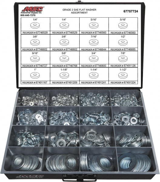 Value Collection - 1840 Piece, 1/4 to 1-1/2" Screw, Grade 2 Steel SAE Flat Washer Assortment - Includes 1/4 to 1-1/2" Screw & Compartmented Storage Case - Benchmark Tooling