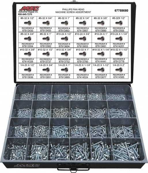 Value Collection - 1,200 Piece, #6-32 to 1/4-20, Steel Machine Screw Assortment - Pan Head, Phillips Drive, 1/2 to 2" Long, Grade 2 - Benchmark Tooling