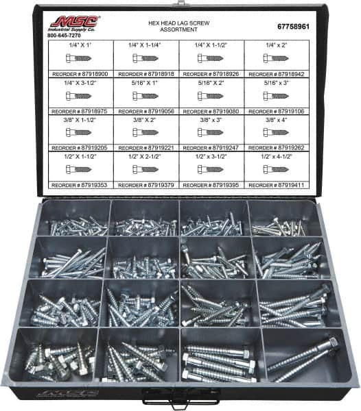 Value Collection - 375 Piece, 1/4x1 to 1/2 x 4-1/2, Steel Lag Screw Assortment - Hex Head, Hex Drive, 1 to 4-1/2" Long, Grade 2 - Benchmark Tooling